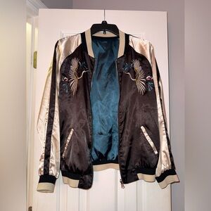 Chelsea & Violet Reversible Satin Bomber Jacket Crane Embroidery